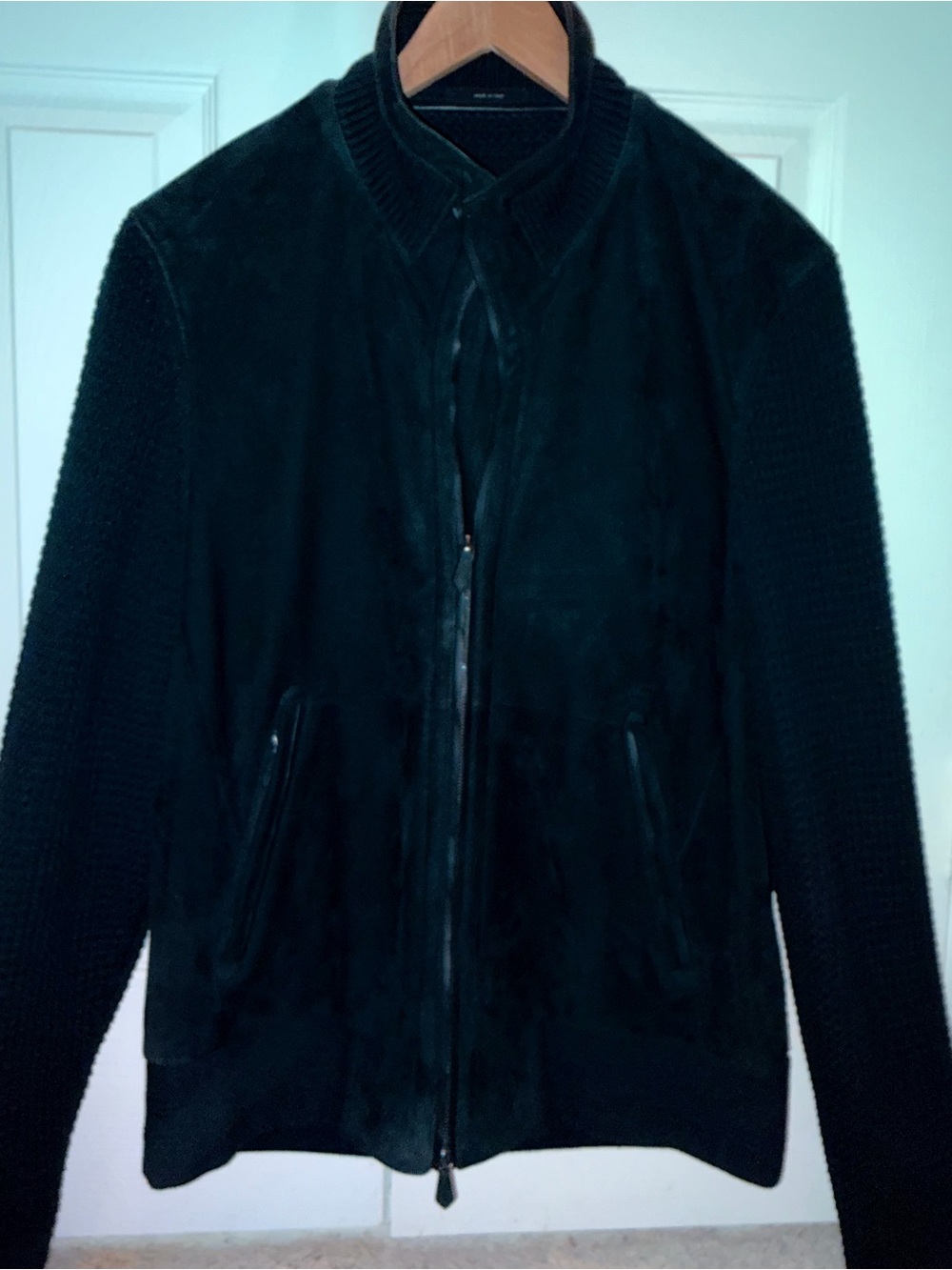 Tom Ford Black Suede Bomber Jacket with Knit Sleeves